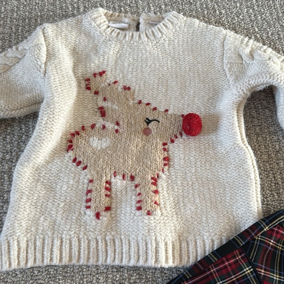 Zara Kids Knit Rudolf Red Black Plaid Holiday Sweater Pants 3 4 Cream - Picture 4 of 6